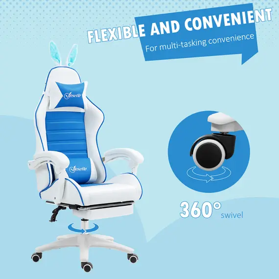 Buy Racing Gaming Chair, Reclining PU Leather Computer Chair with Removable Rabbit Ears, Footrest and Lumber Support, Blue, 7 image