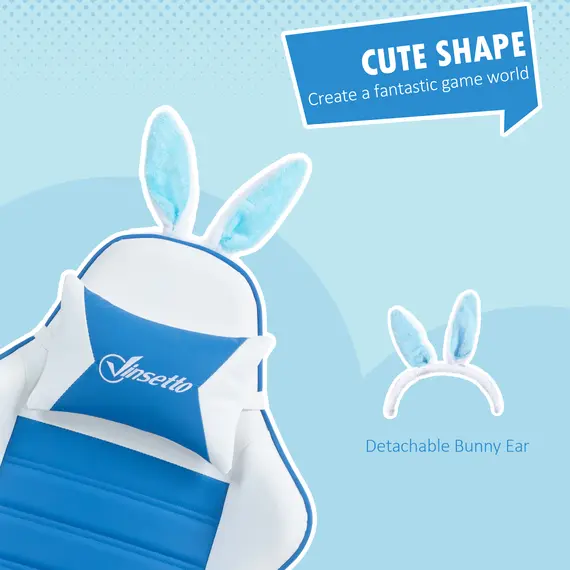 Buy Racing Gaming Chair, Reclining PU Leather Computer Chair with Removable Rabbit Ears, Footrest and Lumber Support, Blue, 4 image