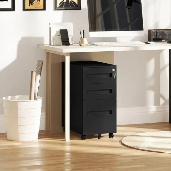 Buy Metal Mobile File Cabinet with Wheels, Lockable 3 Drawer Filing Cabinet for A4, Legal, Letter, Compact Under Desk Storage Unit with Pre-Assembled Body for Home Office, 30 x 43.5 x 60cm, Black, 9 image