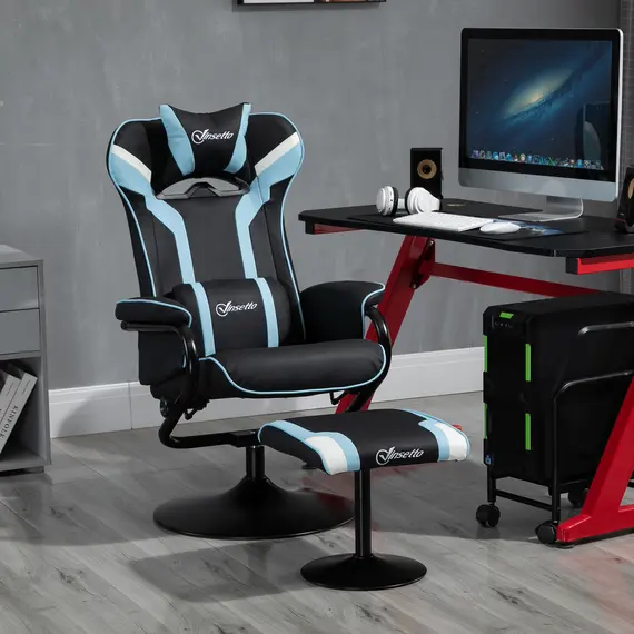 Buy  Reclining Chair and Stool Set, Recliner Chair with Headrest, Gaming Chair with Lumbar Support, Pedestal Base for Home Office, Lake Blue, 2 image