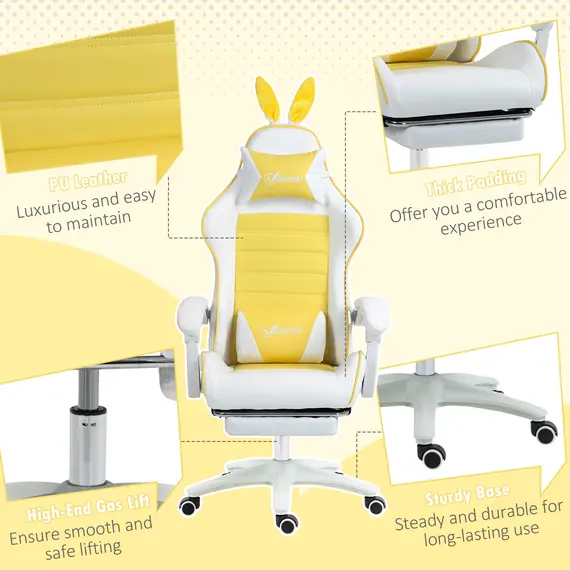 Buy Racing Gaming Chair, Reclining PU Leather Computer Chair with Removable Rabbit Ears, Footrest, Headrest and Lumber Support, Yellow, 8 image