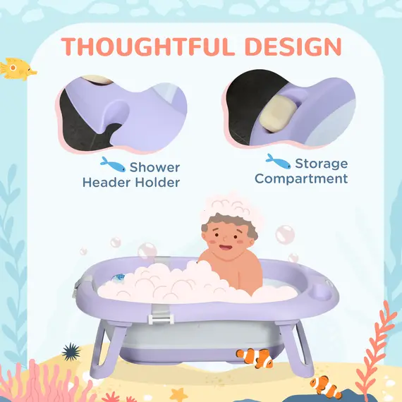 Buy Foldable Baby Bathtub, with Non-Slip Support Legs, Cushion Pad, Shower Holder - Purple, 6 image