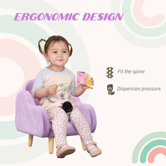 Buy Kids Armchair Toddler Sofa Children Chair with Arm Rest, Wooden Frame, Velvet, PP Legs, Cloud Shape, for Ages 1.5-3 Years - Purple, 6 image