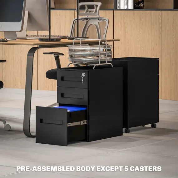 Buy Metal Mobile File Cabinet with Wheels, Lockable 3 Drawer Filing Cabinet for A4, Legal, Letter, Compact Under Desk Storage Unit with Pre-Assembled Body for Home Office, 30 x 43.5 x 60cm, Black, 8 image