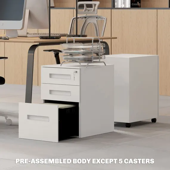 Buy Metal Mobile File Cabinet with Wheels, Lockable 3 Drawer Filing Cabinet for A4, Legal, Letter, Under Desk Storage Unit with Pre-Assembled Body for Home Office, 39 x 48 x 60cm, White, 8 image