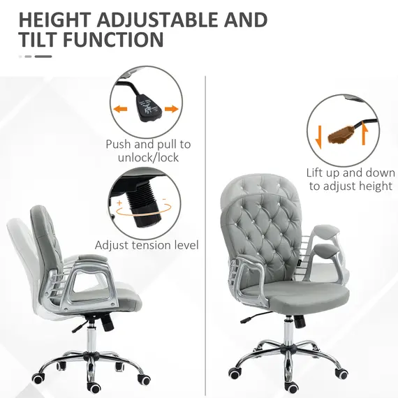 Buy Office Chair Ergonomic 360° Swivel PU Diamante Padded Base 5 Castor Wheels for Home Work Grey, 4 image