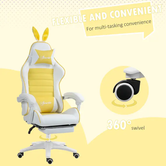 Buy Racing Gaming Chair, Reclining PU Leather Computer Chair with Removable Rabbit Ears, Footrest, Headrest and Lumber Support, Yellow, 7 image