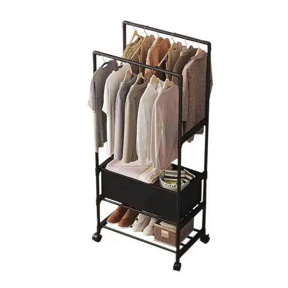 Buy Double Rod Metal Clothes Rack with Wheels, 2 image