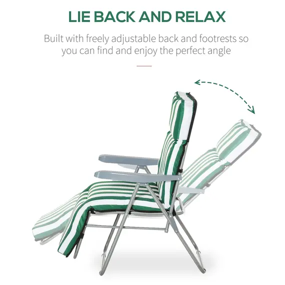 Buy Outsunny 2 Pieces Outdoor Sun Lounger Set with Cushions, Patio Folding 5-Level   Adjustable Backrest Recliner Chairs Set of 2 with High Backrest and Armrests, Green & White, 4 image