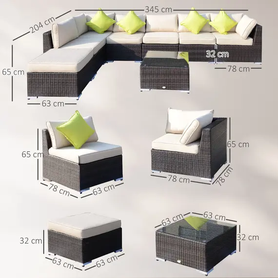 Buy Outsunny 8 Piece Rattan Corner Sofa Set with Wide & Deep Seat, Assembled Aluminium PE Rattan Garden Furniture Set with Thick Cushions and Glass Top Table for Outdoor, Conservatory, Mixed Brown, 3 image