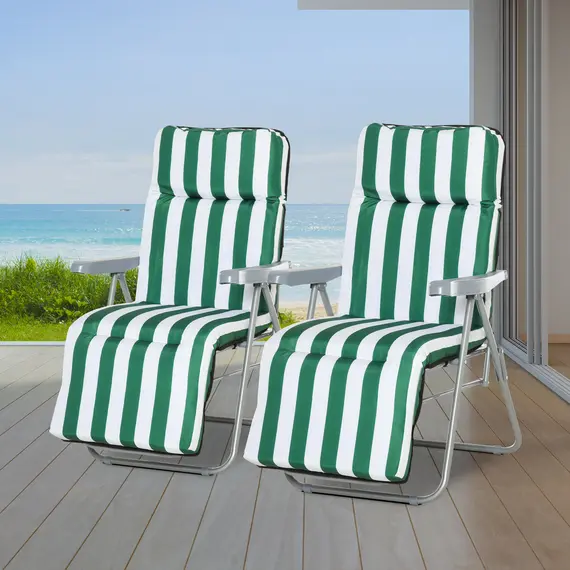 Buy Outsunny 2 Pieces Outdoor Sun Lounger Set with Cushions, Patio Folding 5-Level   Adjustable Backrest Recliner Chairs Set of 2 with High Backrest and Armrests, Green & White, 2 image