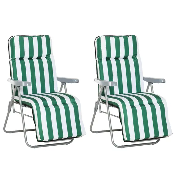 Buy Outsunny 2 Pieces Outdoor Sun Lounger Set with Cushions, Patio Folding 5-Level   Adjustable Backrest Recliner Chairs Set of 2 with High Backrest and Armrests, Green & White