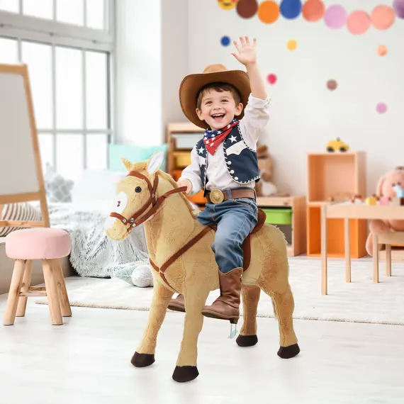 Buy HOMCOM Kids Ride On Standing Horse Cuddly Toy Children Plush Soft Pony Gift w/ Neigh Sound or 2 Years and Up Beige, 2 image