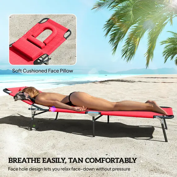 Buy Outsunny Foldable Outdoor Sun Lounger Adjustable Backrest Reclining Chair with Pillow and Reading Hole Garden Beach, Red, 7 image