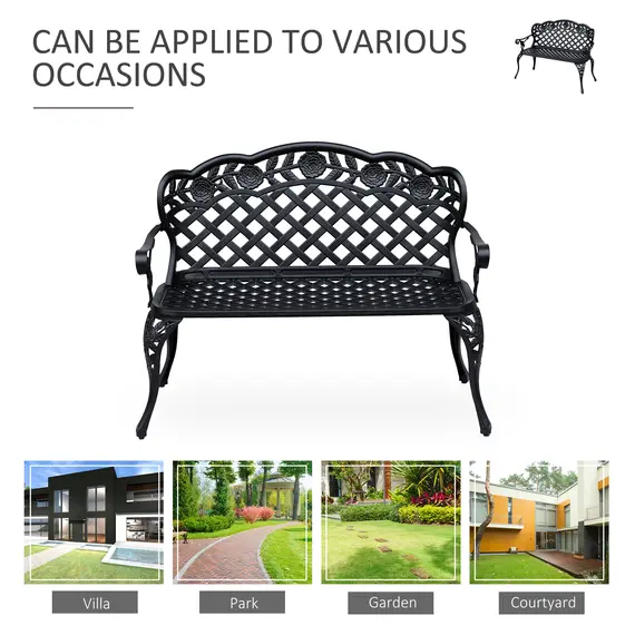Buy Outsunny Garden Bench, Cast Aluminium, 107Lx58Wx85H cm-Black, 5 image