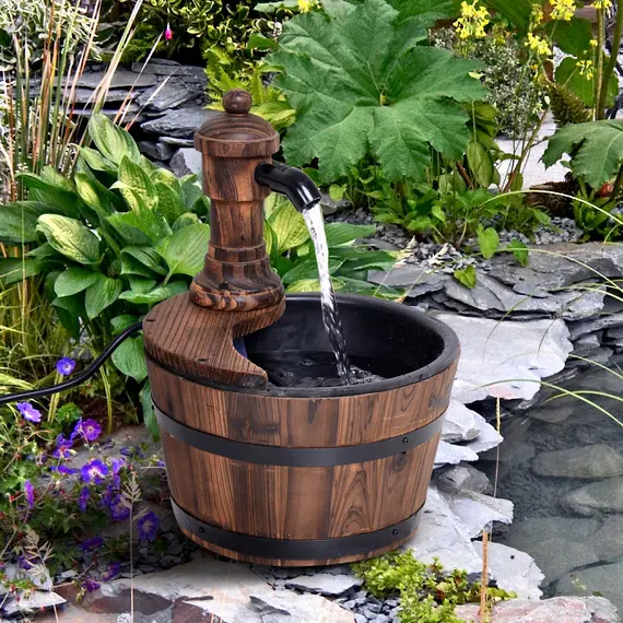 Buy Outsunny Wood Barrel Patio Water Fountain Garden Decorative Ornament Water Feature with Electric Pump (Type A), 7 image