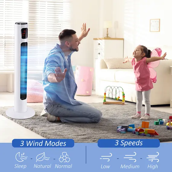 Buy HOMCOM 38'' Freestanding Tower Fan, 3 Speed 3 Mode, 12h Timer, 70 Degree Oscillation, LED Panel, 5M Remote Controller, White, 5 image