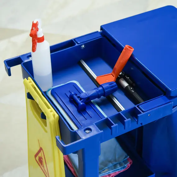 Buy HOMCOM Janitor Cleaning Trolley, with Bin, Shelves and Hooks - Blue, 8 image