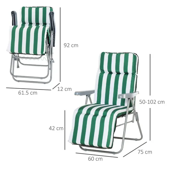 Buy Outsunny 2 Pieces Outdoor Sun Lounger Set with Cushions, Patio Folding 5-Level   Adjustable Backrest Recliner Chairs Set of 2 with High Backrest and Armrests, Green & White, 3 image