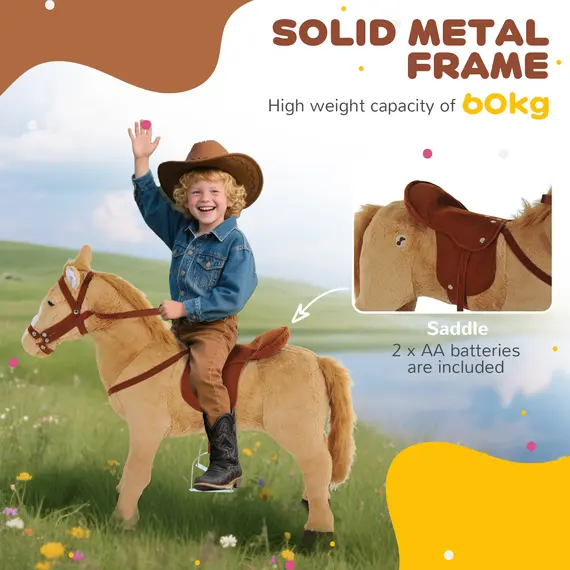 Buy HOMCOM Kids Ride On Standing Horse Cuddly Toy Children Plush Soft Pony Gift w/ Neigh Sound or 2 Years and Up Beige, 6 image