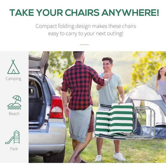 Buy Outsunny 2 Pieces Outdoor Sun Lounger Set with Cushions, Patio Folding 5-Level   Adjustable Backrest Recliner Chairs Set of 2 with High Backrest and Armrests, Green & White, 6 image