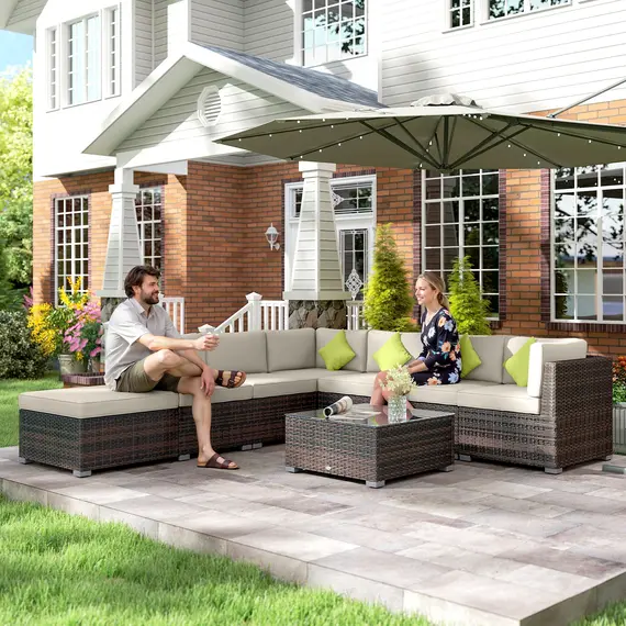 Buy Outsunny 8 Piece Rattan Corner Sofa Set with Wide & Deep Seat, Assembled Aluminium PE Rattan Garden Furniture Set with Thick Cushions and Glass Top Table for Outdoor, Conservatory, Mixed Brown, 9 image