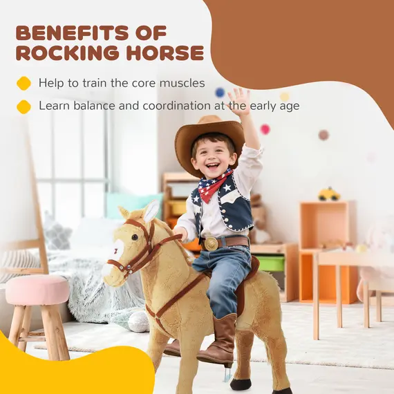 Buy HOMCOM Kids Ride On Standing Horse Cuddly Toy Children Plush Soft Pony Gift w/ Neigh Sound or 2 Years and Up Beige, 4 image