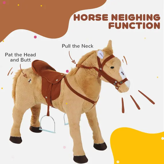 Buy HOMCOM Kids Ride On Standing Horse Cuddly Toy Children Plush Soft Pony Gift w/ Neigh Sound or 2 Years and Up Beige, 5 image