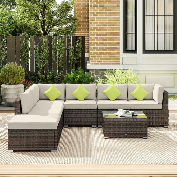 Buy Outsunny 8 Piece Rattan Corner Sofa Set with Wide & Deep Seat, Assembled Aluminium PE Rattan Garden Furniture Set with Thick Cushions and Glass Top Table for Outdoor, Conservatory, Mixed Brown, 8 image