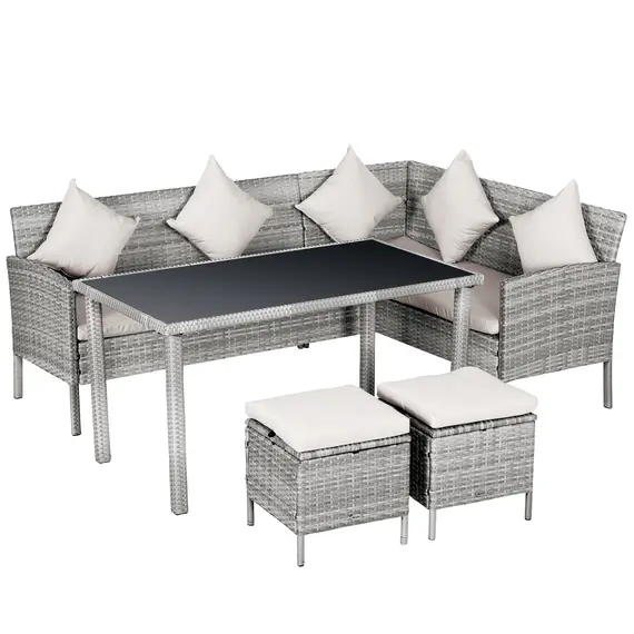 Buy Outsunny 6-Seater Rattan Dining Set Sofa Table Footstool Outdoor w/ Cushion Garden Furniture