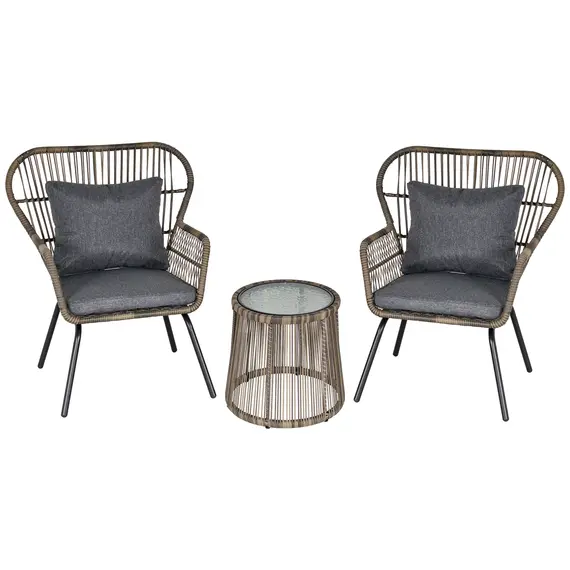 Buy Outsunny 3 Pieces Rattan Bistro Set, Wicker Garden Furniture Set with Cushions, Glass Top Coffee Table and Chairs for Outdoor, Patio, Balcony, Grey