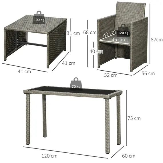 Buy Outsunny 2 Seater Rattan Cube Garden Furniture Set, Rattan Dining Set with Cushions, Outdoor Dining Table and Chairs with 2 Armchairs, 2 Stools, Rectangular Glass Top Table for Patio, Balcony, Grey, 3 image