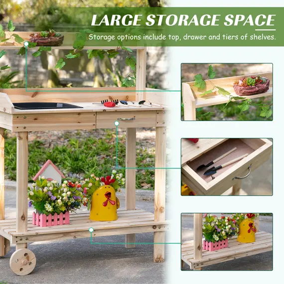 Buy Outsunny Garden Potting Bench Table, Wooden Work Station, Outdoor Planting Workbench with 2 Wheels, Sink, Drawer & Large Storage Spaces, 92x45x119cm, 6 image