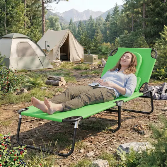 Buy Outsunny Folding Sun Lounger with Face Hole, 4-Position Adjustable Backrest Garden Recliner Chair Sunbed, Outdoor Lounge Chair with 600 D Oxford Cloth Seat, Pillow for Beach, Green, 9 image