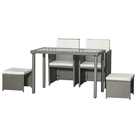 Buy Outsunny 2 Seater Rattan Cube Garden Furniture Set, Rattan Dining Set with Cushions, Outdoor Dining Table and Chairs with 2 Armchairs, 2 Stools, Rectangular Glass Top Table for Patio, Balcony, Grey, 8 image