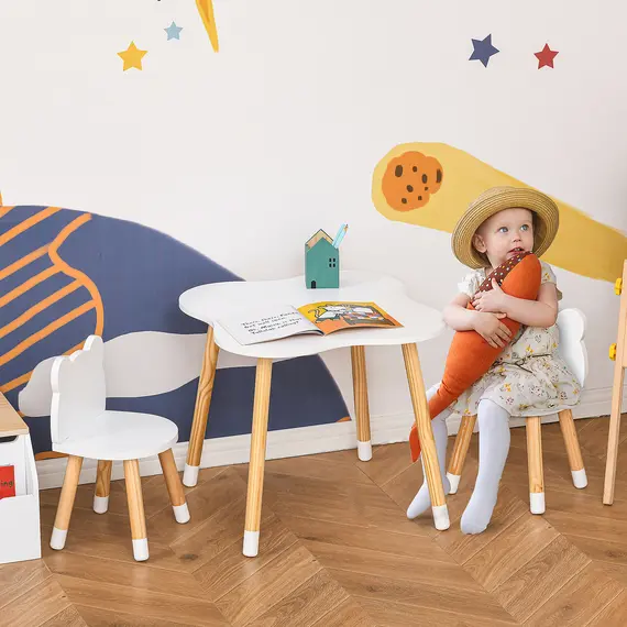 Buy 3-Piece Kids Table and Chair Set with 2 Bear-Shaped Chairs, for Ages 1-4 Years, White, 2 image