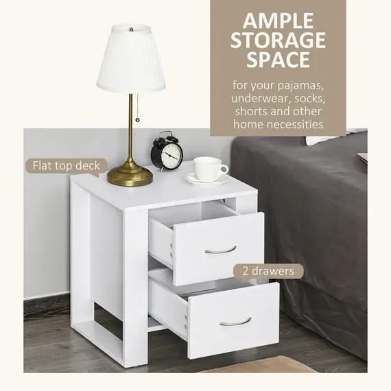 Buy HOMCOM Bedside Table with 2 Drawers, Nightstand with Handles and Elevated Base, Side Table for Bedroom, Living Room, White, 4 image