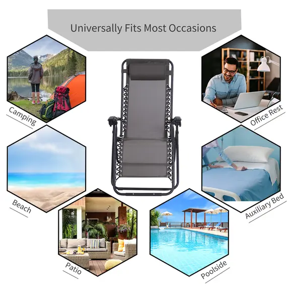 Buy Outsunny Zero Gravity Chair Metal Frame Texteline Armchair Outdoor Folding and Reclining Sun Lounger with Head Pillow for Patio Decking Gardens Camping, Grey, 4 image