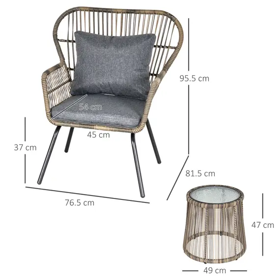 Buy Outsunny 3 Pieces Rattan Bistro Set, Wicker Garden Furniture Set with Cushions, Glass Top Coffee Table and Chairs for Outdoor, Patio, Balcony, Grey, 3 image