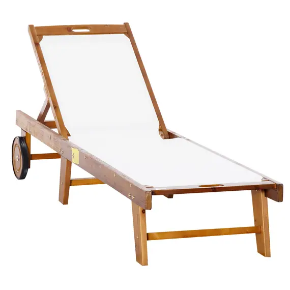 Buy Outsunny Outdoor Acacia Wood Texteline Beach Sun Lounger Garden Patio Sunbed Recliner Chaise Adjustable Backrest with Wheels