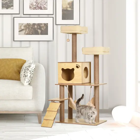 Buy PawHut 130cm Cat Tree for Indoor Cats, Multi-Level Plush Cat Tower, with Five Scratching Posts, Two Perches, Cat House, Hammock, 2 image