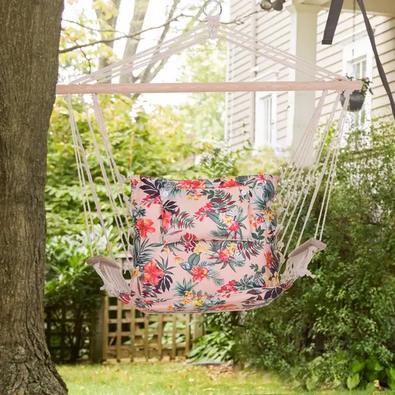 Buy Outsunny Garden Outdoor Hanging Hammock Chair Thick Rope Frame Wooden Arms Safe Wide Seat Garden Outdoor Spot Stylish Multicoloured floral, 2 image