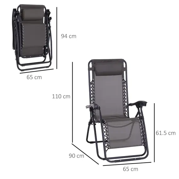 Buy Outsunny Zero Gravity Chair Metal Frame Texteline Armchair Outdoor Folding and Reclining Sun Lounger with Head Pillow for Patio Decking Gardens Camping, Grey, 3 image