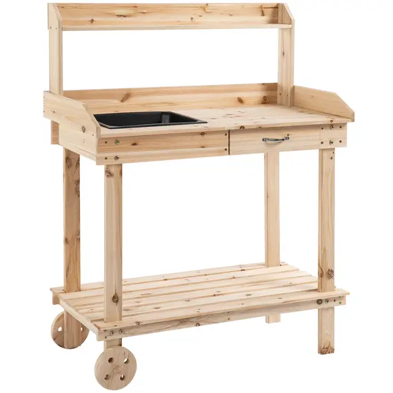 Buy Outsunny Garden Potting Bench Table, Wooden Work Station, Outdoor Planting Workbench with 2 Wheels, Sink, Drawer & Large Storage Spaces, 92x45x119cm