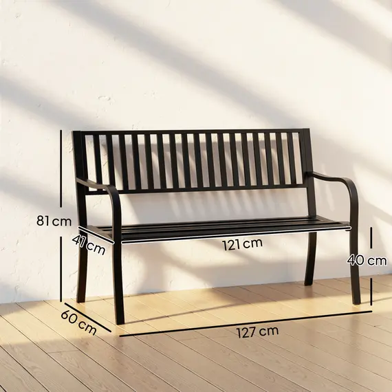Buy Outsunny Metal Garden Bench Loveseat with Slatted Seat, Black, 3 image