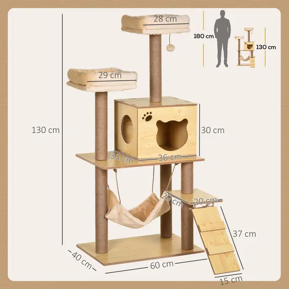 Buy PawHut 130cm Cat Tree for Indoor Cats, Multi-Level Plush Cat Tower, with Five Scratching Posts, Two Perches, Cat House, Hammock, 3 image