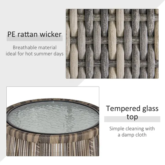 Buy Outsunny 3 Pieces Rattan Bistro Set, Wicker Garden Furniture Set with Cushions, Glass Top Coffee Table and Chairs for Outdoor, Patio, Balcony, Grey, 5 image