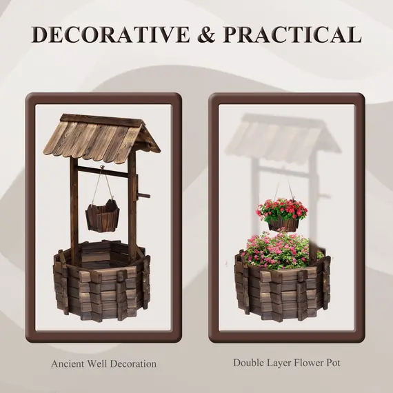 Buy Outsunny Wooden Wishing Well Planter Outdoor Flower Pot Backyard Garden Decor w/ Bucket, 4 image