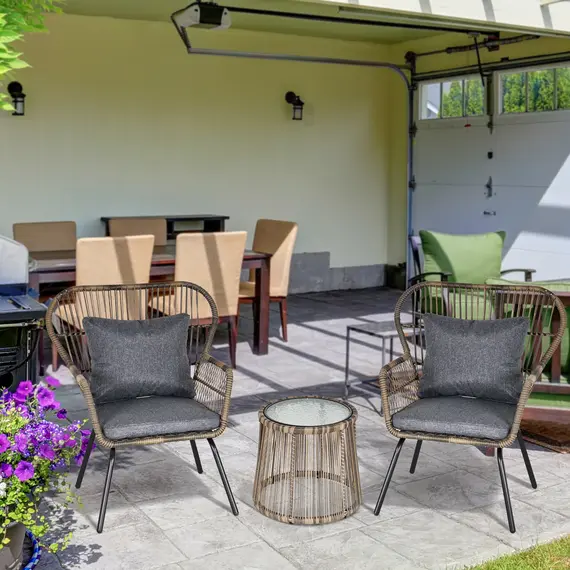 Buy Outsunny 3 Pieces Rattan Bistro Set, Wicker Garden Furniture Set with Cushions, Glass Top Coffee Table and Chairs for Outdoor, Patio, Balcony, Grey, 2 image