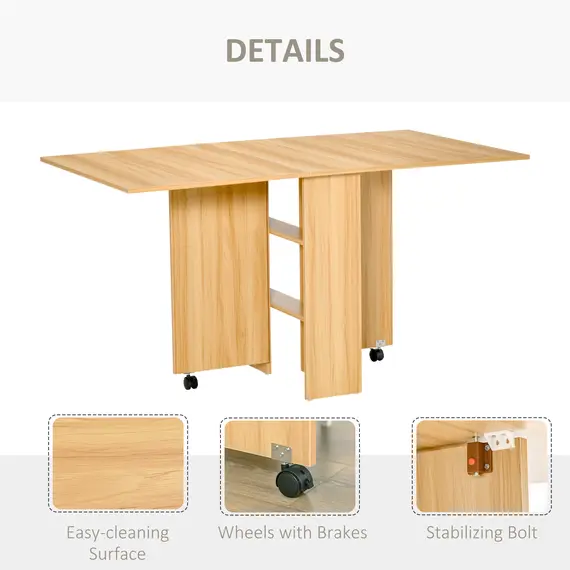 Buy HOMCOM Folding Dining Table, Drop Leaf Table for Small Spaces, Foldable Rectangular Tabletop with Storage Shelves for Kitchen, Dining Room, Teak, 6 image